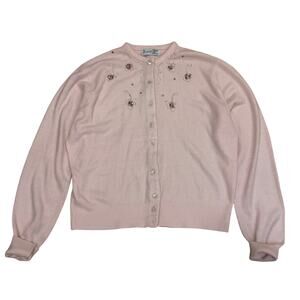 Rare 50's Pandora Orlon Pink Cardigan Sweater | Beads Floral Rhinestones Vintage